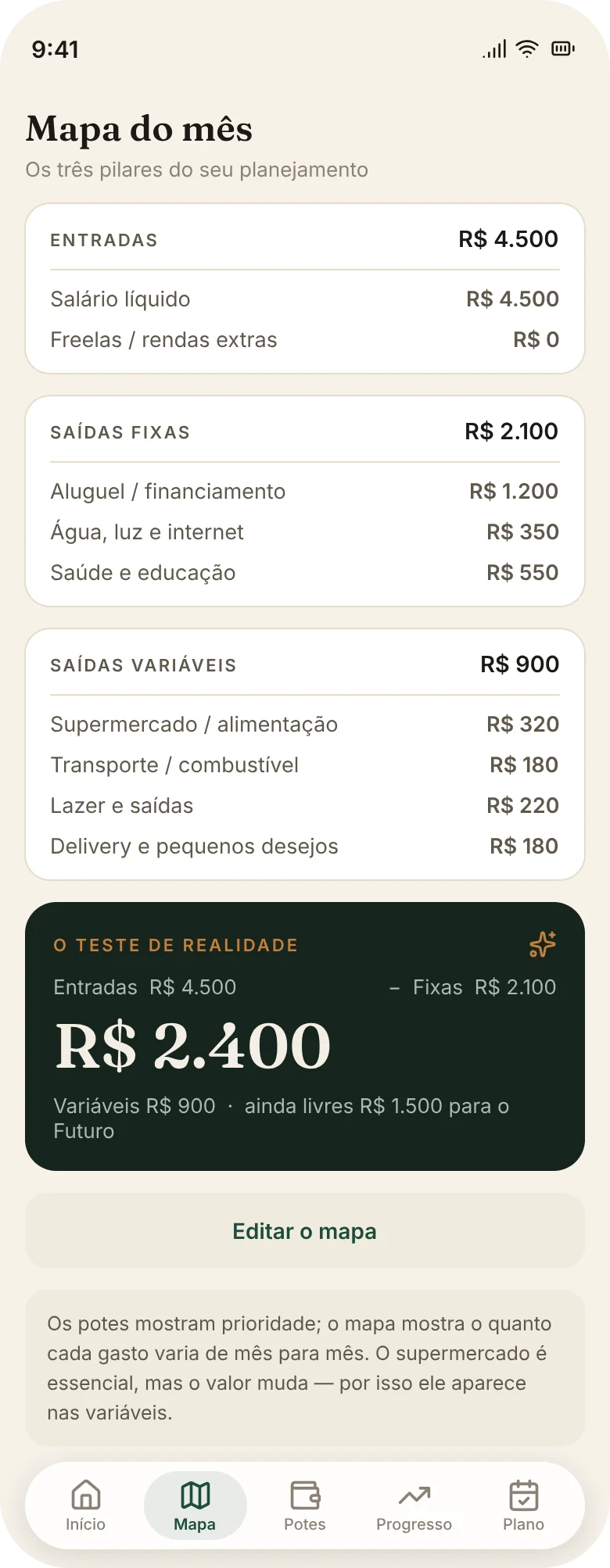 Mapa do mês no app Potes