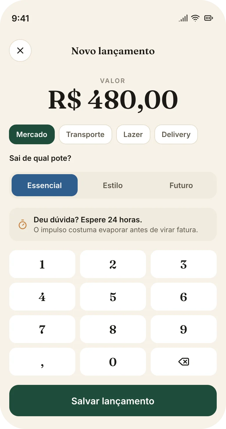 Registro de lançamento no app Potes