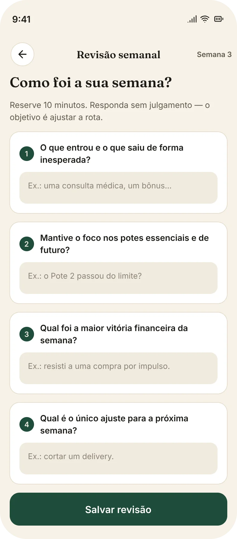 Revisão semanal no app Potes